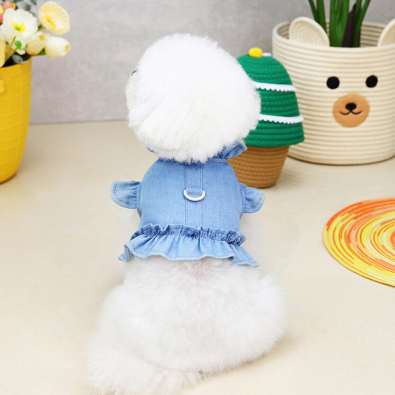 Pets Jeans Dress Apparel Dog Ruffles Vest Pet Harness Denim Dress Puppy Blue Jeans Clothes Cat Dogs Leash Hook Chest Back Dress