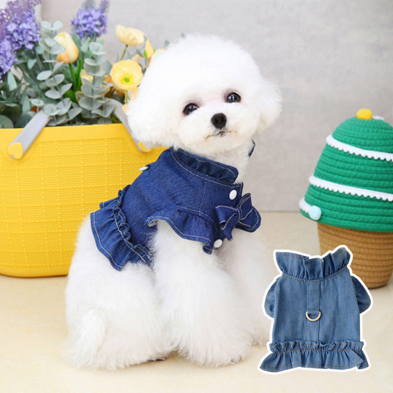 Pets Jeans Dress Apparel Dog Ruffles Vest Pet Harness Denim Dress Puppy Blue Jeans Clothes Cat Dogs Leash Hook Chest Back Dress